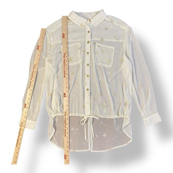 Free People White Semi Sheer Gold Stars Button up Top Size Small Boho - Picture 4 of 7